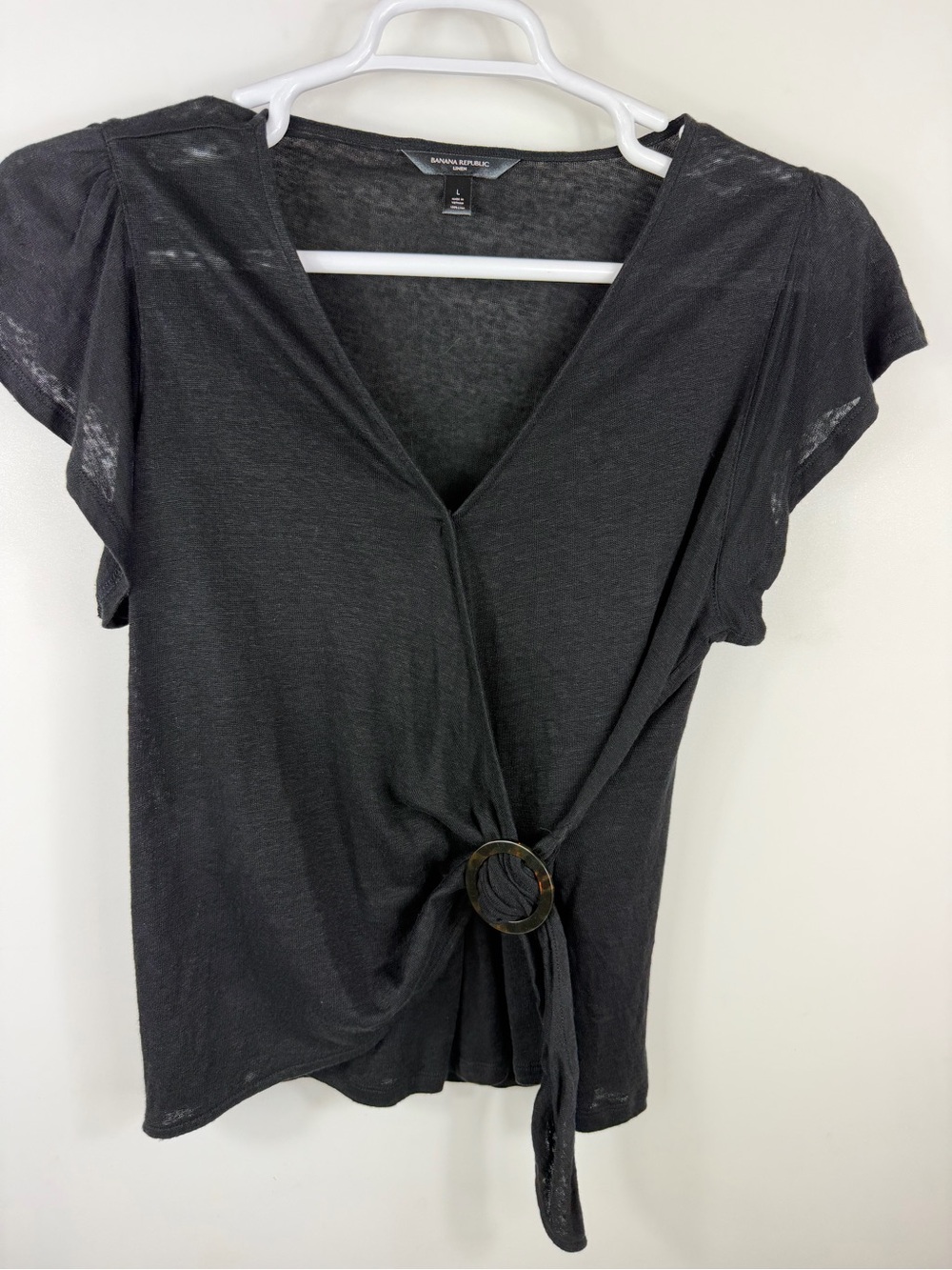 Banana Republic Black Short-Sleeve V-Neck Ring-Tie Top